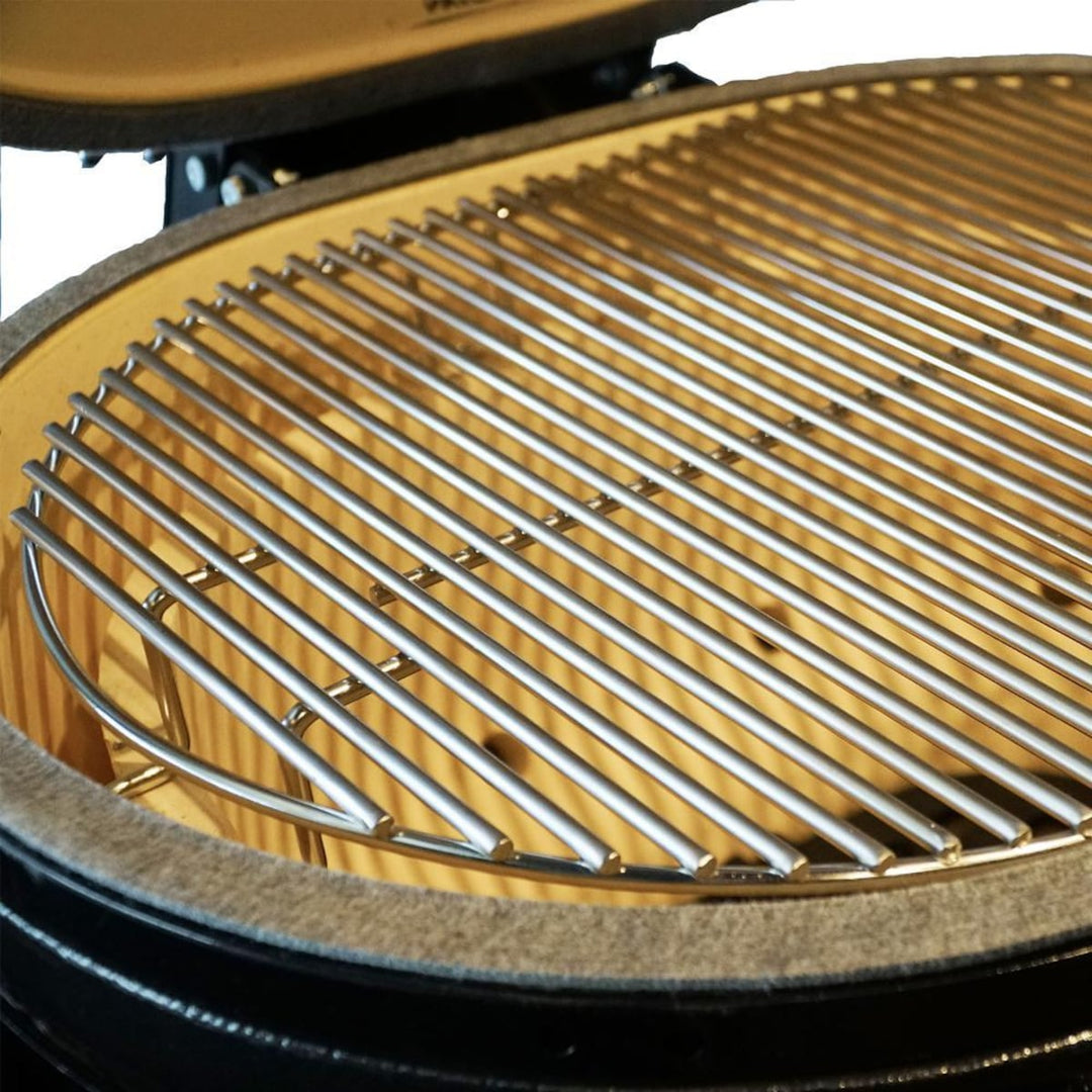 Primo All-In-One Oval XL 400 Ceramic Kamado Grill With Cradle, Side Shelves, And Stainless Steel Grates - PGCXLC