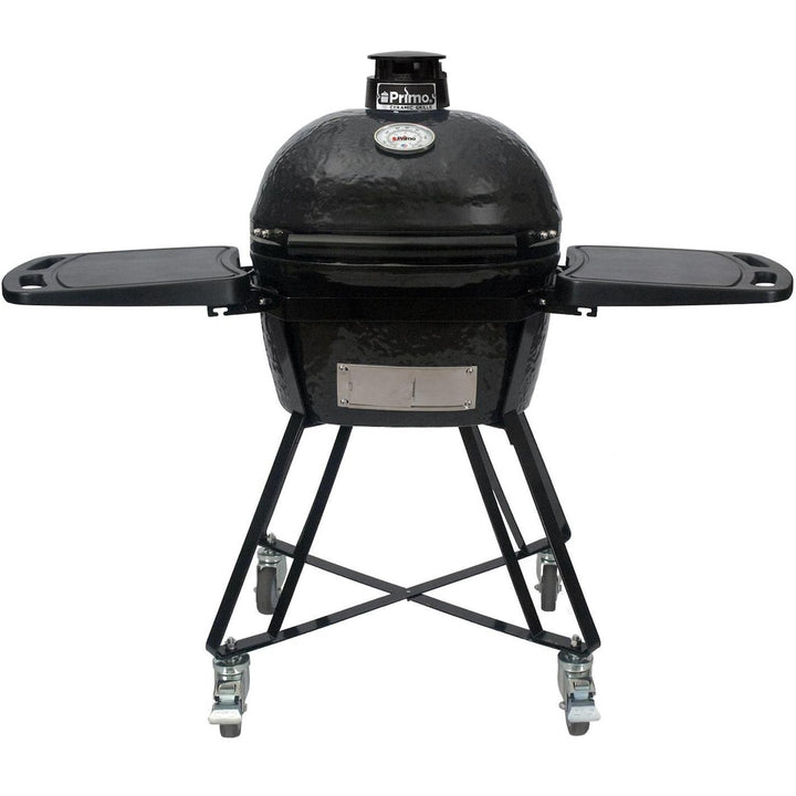 Primo All-In-One Oval Junior 200 Ceramic Kamado Grill With Cradle, Side Shelves And Stainless Steel Grates - PGCJRC