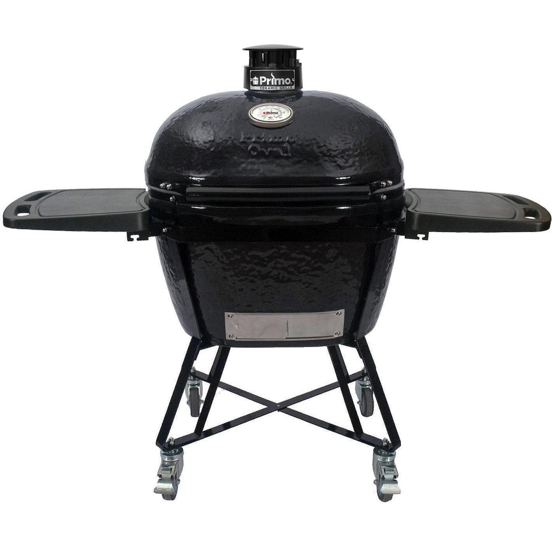 Primo All-In-One Oval XL 400 Ceramic Kamado Grill With Cradle, Side Shelves, And Stainless Steel Grates - PGCXLC