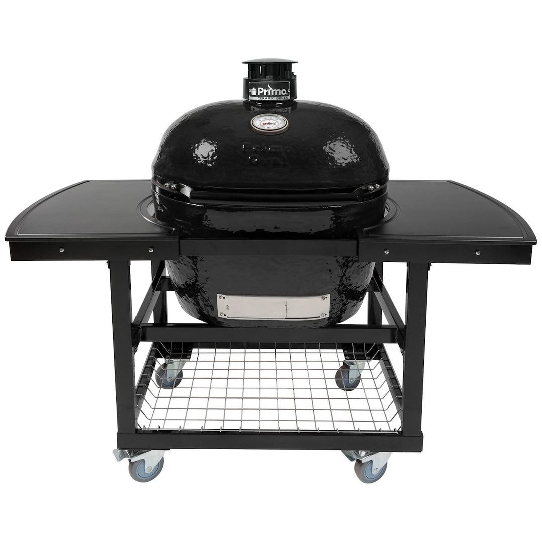 Primo Oval XL 400 Ceramic Kamado Grill On Steel Cart With 2-Piece Island Side Shelves And Stainless Steel Grates - PGCXLH + PG00368 + PG00311